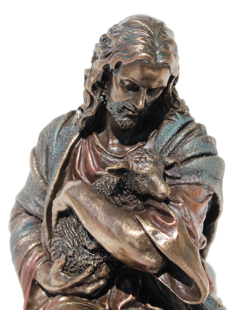 US 8.88 Inch Jesus Holding A Baby Lamb Cold Cast Bronze Figurine - Image 2